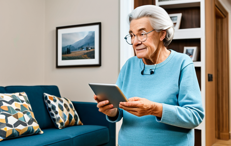 **
"A modern, senior-friendly apartment interior. Features include: wide doorways, grab bars in the bathroom, adjustable kitchen counters, and bright, indirect lighting. An elderly woman, fully clothed in comfortable, modest attire, is using a smart tablet to video call her family. Background: a cozy living room area with easy-to-reach shelves and a comfortable armchair. Safe for work, appropriate content, professional design, perfect anatomy, natural proportions, family-friendly."
**